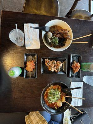 Rib Tonkotsu Ramen Takoyaki (in the center) Two kimchis Creamy soda (melon) Red Fiery Ramen (with Pork)