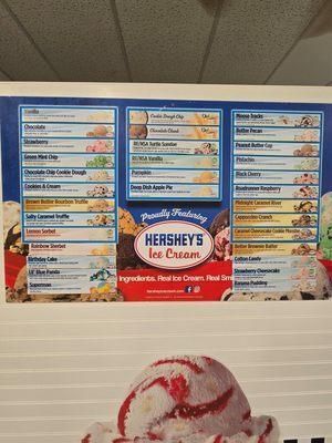 Menu Board 32 Flavors of Ice Cream scoops and shakes. Cake,  Sugar and Waffle cones available