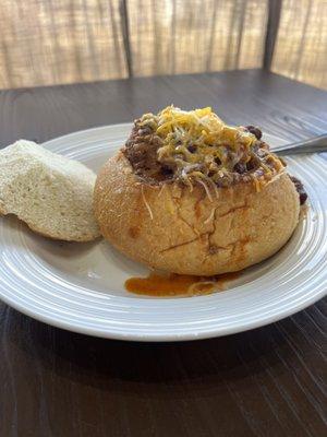 Beef chili in a sourdough bread bowl