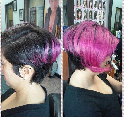 Magenta pink coloring wash and blow dry modern Bob cut