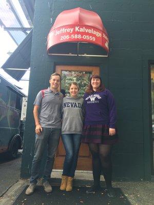 Your team, all sporting their proud college colors! Jeff (right), Katie (center), and Roxanne (right).