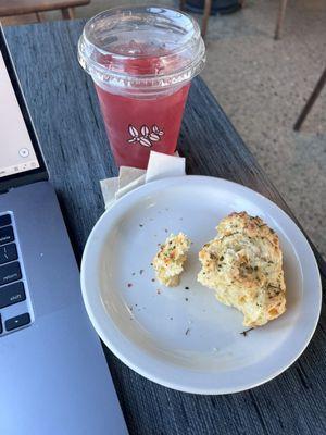 Scone Cheddar Chive. Iced Lemongrass Hibiscus