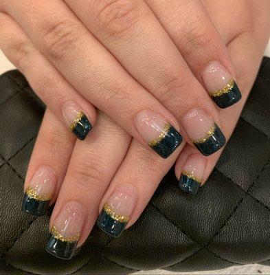 Teal & gold acrylic SNS nails