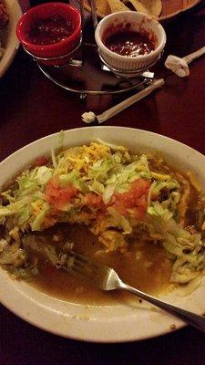 Chicken enchilada on the left, relleno on the right and smothered all over!