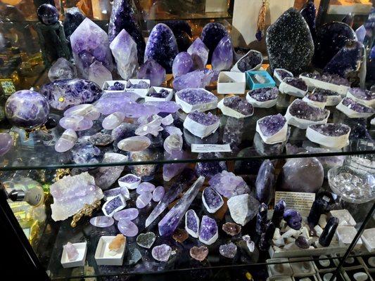 Amethyst heaven. There are geodes, clusters, if you like amethyst, this display is for you. There are some larger geodes, throughout.