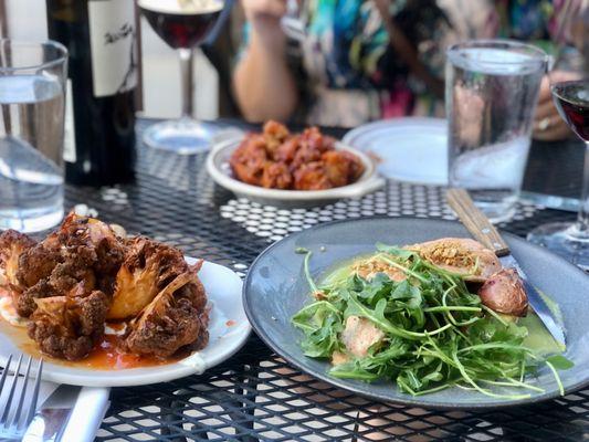 Buffalo Fried Cauliflower, Grilled Filet of Trout, and Bourbon Sriracha Popcorn Chicken