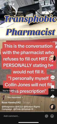 This is a screenshot of the video proof of Collin Jones refusing someone their prescribed medication. You can look it up on TikTok.