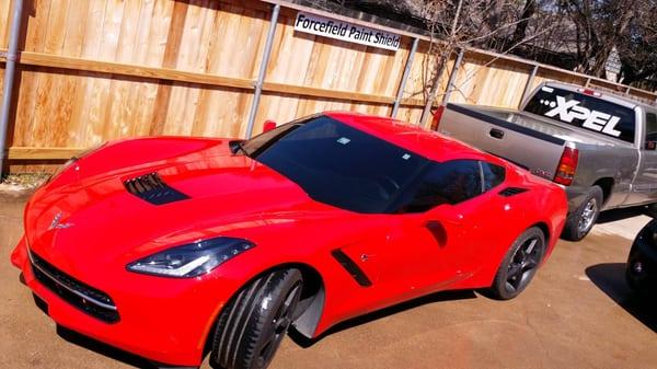 Red Corvette clear car bra installed.