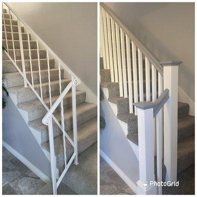 Wrought Iron stair rail transformed to beautiful wood. A great update! Thank you Mark.