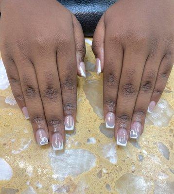 Fullset nude acrylic, French tips, heart design