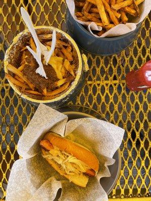 Alabama dog with naked and chili cheese fries.