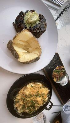 Filet steak, baked potato, Mac and cheese