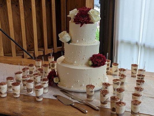 Buttercream cake with edible sugar pearls. Tiramisu Shooters!