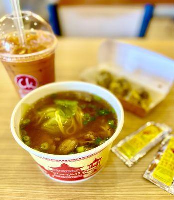 Beef wonton soup, siomai, Thai ice tea