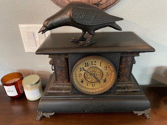 We found this beautiful antique clock and it was displayed with this crow statue so we bought them both.