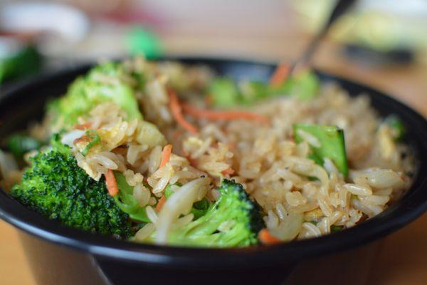 Chinese Wok Fried Rice: snow peas, carrots, onions and egg stir-fried with jasmine or brown rice