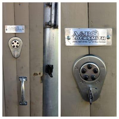 Custom push button lock install on a dumpster enclosure