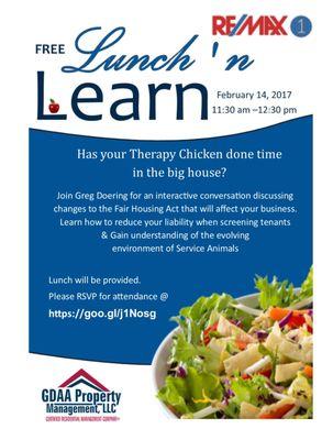 We've got a lunch n learn scheduled with RE/Max1 for Feb. 14th.  RSVP: https://goo.gl/jNosg