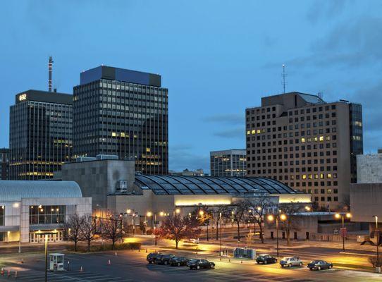 100 Madison Street as viewed from Interstate 81 in downtown Syracuse, New York.