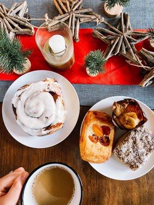 Cinnamon roll, banana mascarpone muffin, cinnamon crumb cake.