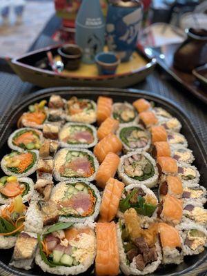 Kome Sushi Catering Tray unpacked in Thanksgiving table