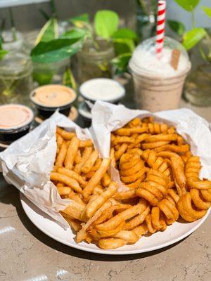 Curly Fries, French Fries, Brownie Shake