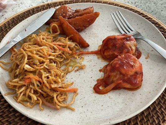 Chilly chicken momo, veg hall noodles and honey chilly potato