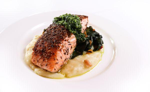 Caraway-Crusted Salmon. potato-leek puree. braised swiss chard. gremolata.