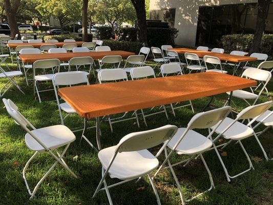 Dining tables for rent with tablecloth and foldable chairs rentals