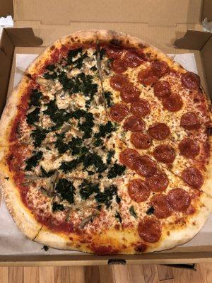 Half pepperoni, half spinach and mushroom.