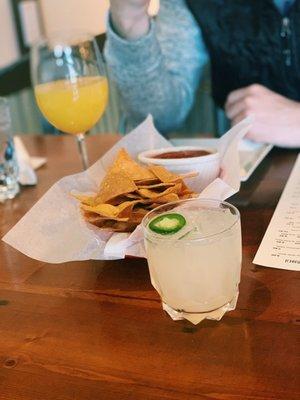 Chips & salsa, spicy margarita, & Mimosa