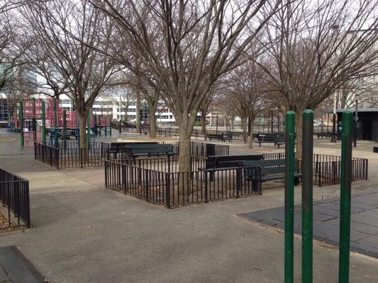 Play set in the background, part of the workout area in the foreground