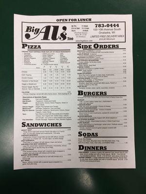 Big Al's Too Menu