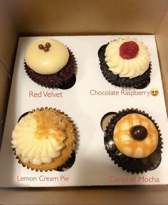 Red Velvet, chocolate raspberry, lemon cream pie, caramel mocha