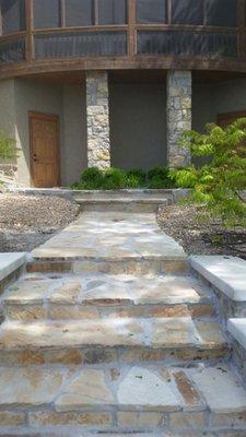 Flagstone Walkway with Concrete Cap, Stone Columns