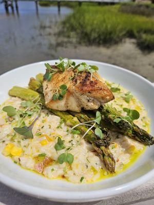 Local Grouper- Crab Purloo, Seasonal Vegetables, Chive Oil