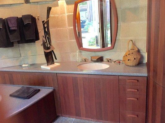 Custom-made Redwood bathroom vanity