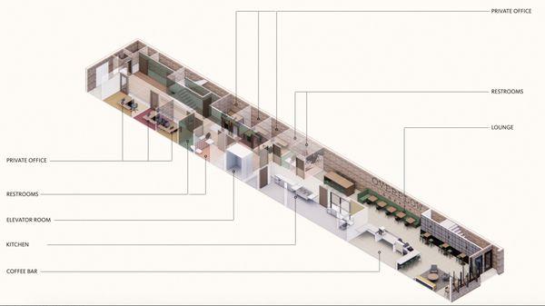 Rendering of the 1st floor of Overflow Coffee and Mox.E private offices.