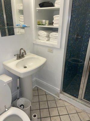 You can see the grime on the floor around the shower and in the sink and toilet.