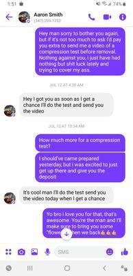 Here's him agreeing to send a video of compression test