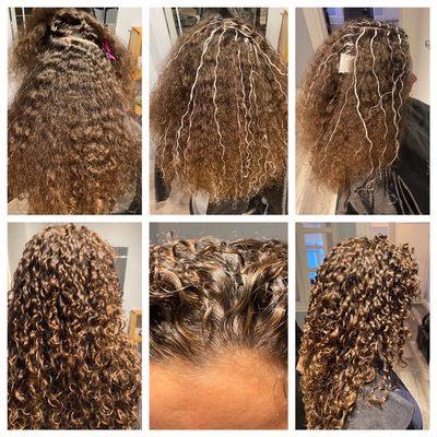 Hair Painting highlights Natural looking highlights  With  high-lift color low peroxide of 20 on non-colored Virgin hair Curly hair Cut