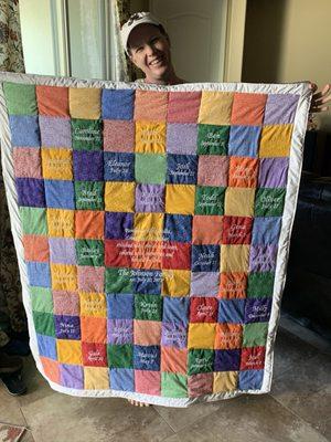 Quilt I made with all the families names and birthdays. Thank you All Things Embroidered!!