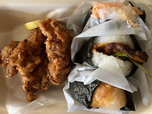 Chicken Karaage, Mentaiko with Tamago, Grilled Salmon with Shiso Leaf, and Buta Kakuni with Spicy Miso Onigiris