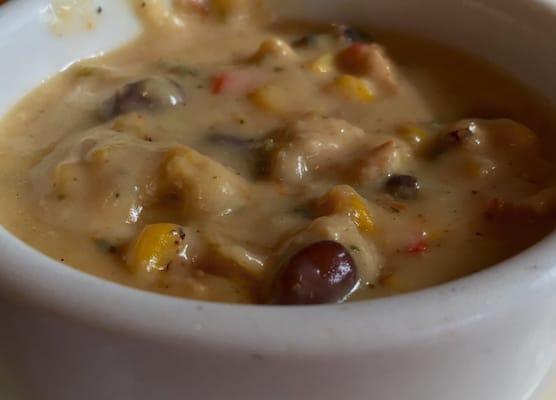 Nice cup of chicken poblano soup. Creamy, cheesy deliciousness with a little spicy kick.