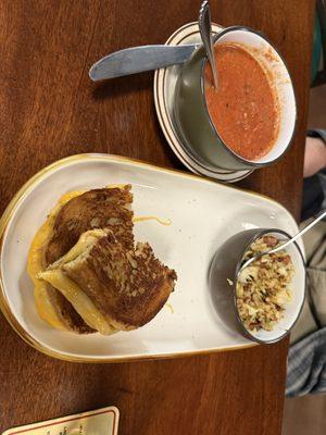 Delicious homemade Tomato Basil with super yummy Triple grilled cheese. Comfort food anyone?