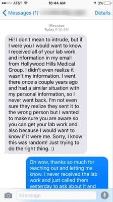 Not the kind of text message you want to receive! This came from a complete stranger who rec'd all of lab results and personal info.