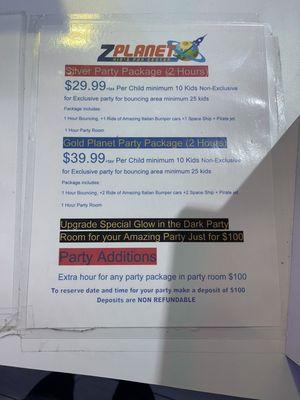 Party package prices