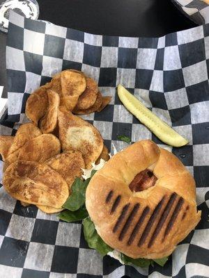 Chicken salad on a croissant with house made chips and house made Ranch dip.