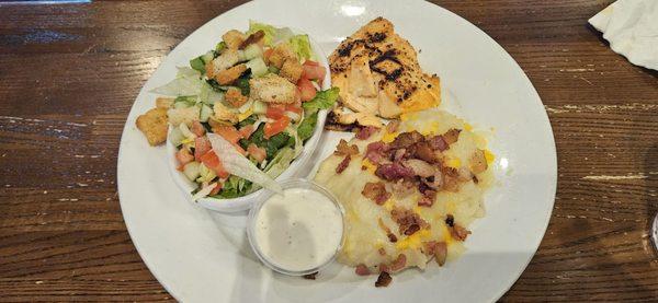 Grilled Salmon, Loaded Mshed Potatoes, Side Salad