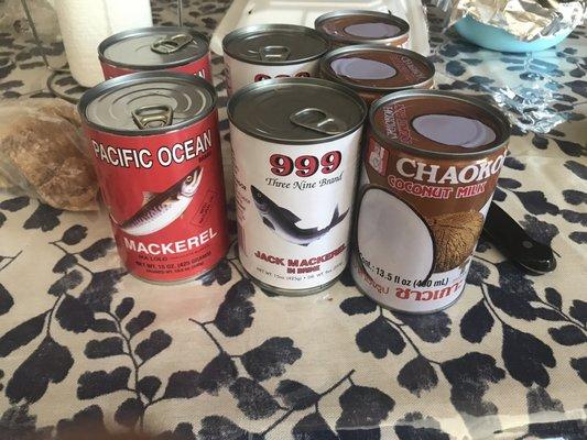 Can of coconut milk , mackerel cans to make mackerel casserole. Samoan style. Delicious